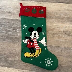 Mickey Mouse & Snowflakes Christmas Stocking Green with Red Ribbed Band at Top